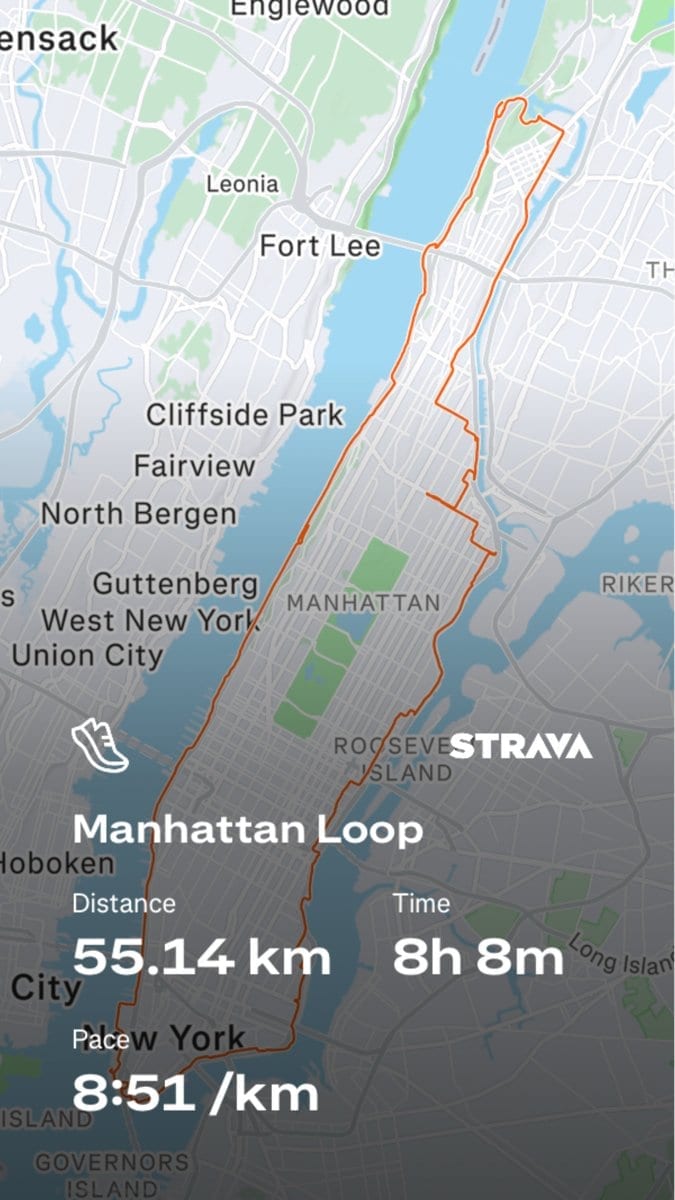 Strava map of the Manhattan Loop: 55.14 km in 8 hours 8 minutes