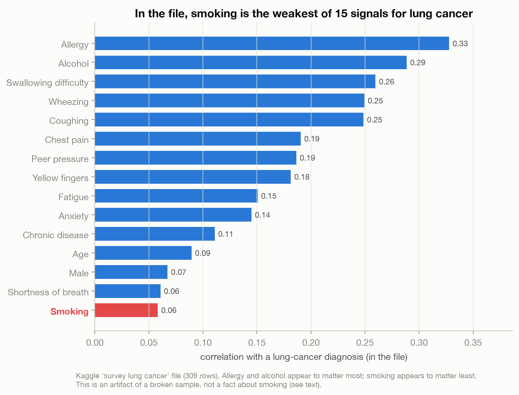 Horizontal bar chart ranking 15 features by their correlation with a lung-cancer diagnosis in the file; allergy and alcohol are on top, smoking is last with a correlation of 0.06