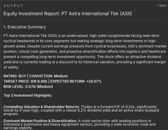 Generated equity investment report with rating, target price, expected return and investment highlights