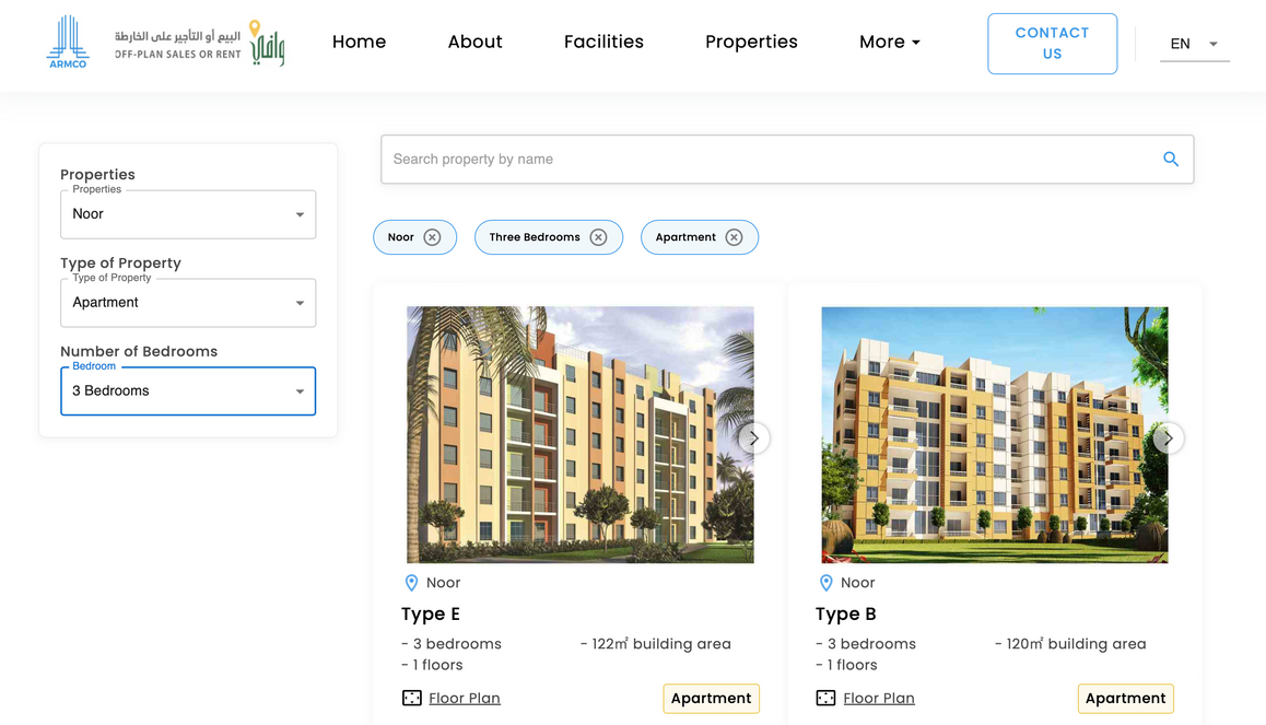 Armco property listing website - search results and project catalog