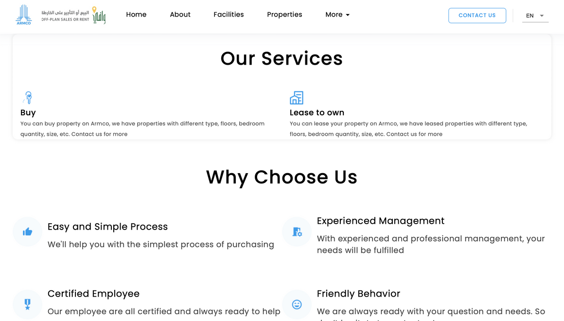 Rich project detail page with amenities, floor plans and contact CTAs