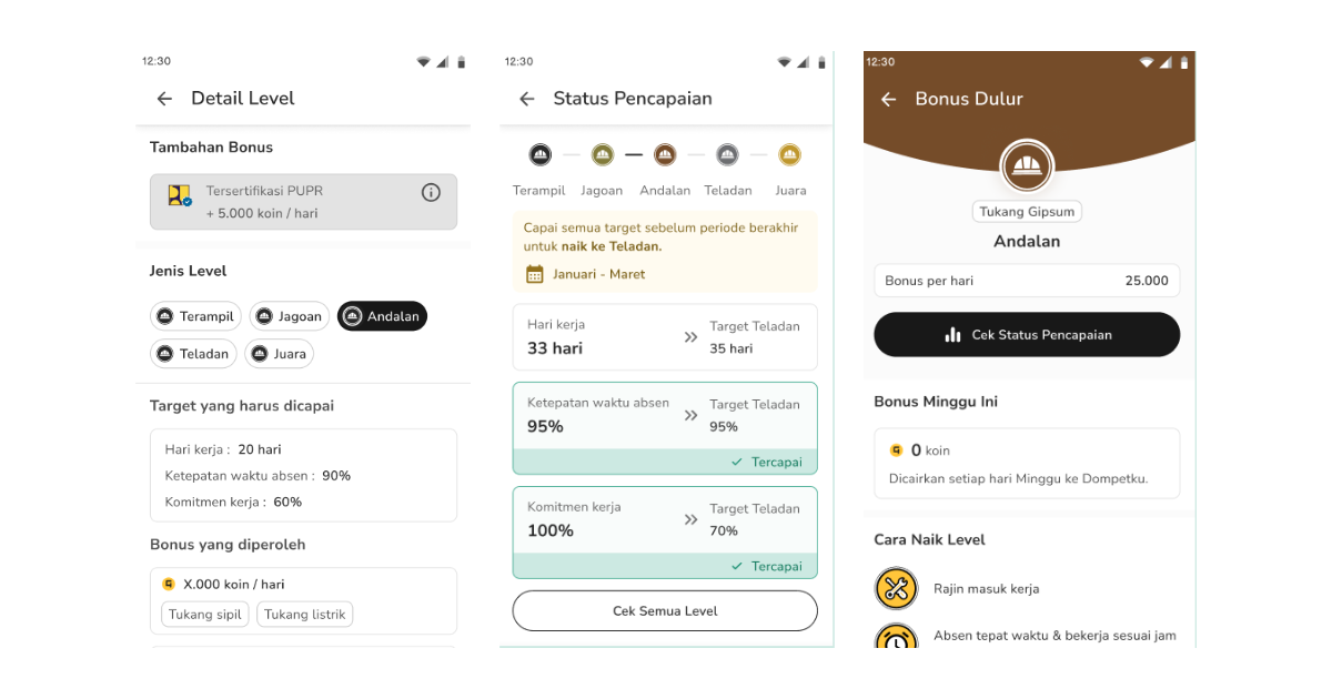 Worker Loyalty Program mobile app - level detail, achievement status, and daily bonus screens