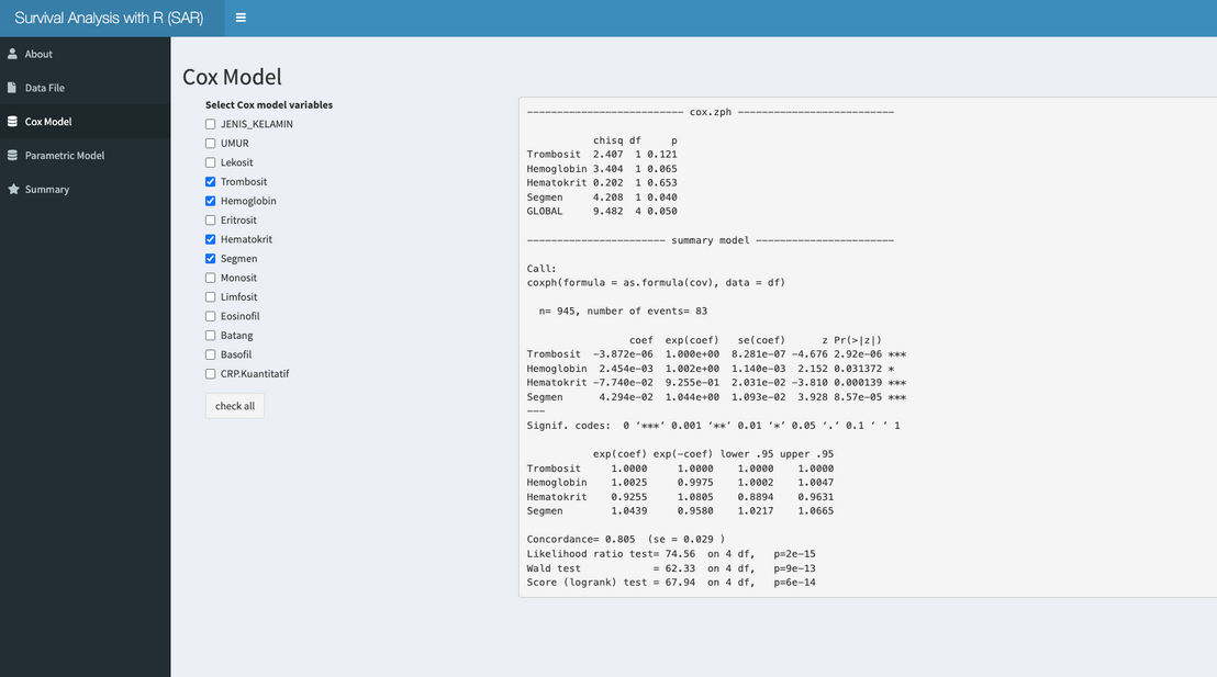 R + Shiny survival-analysis app - Cox model results and survival curves